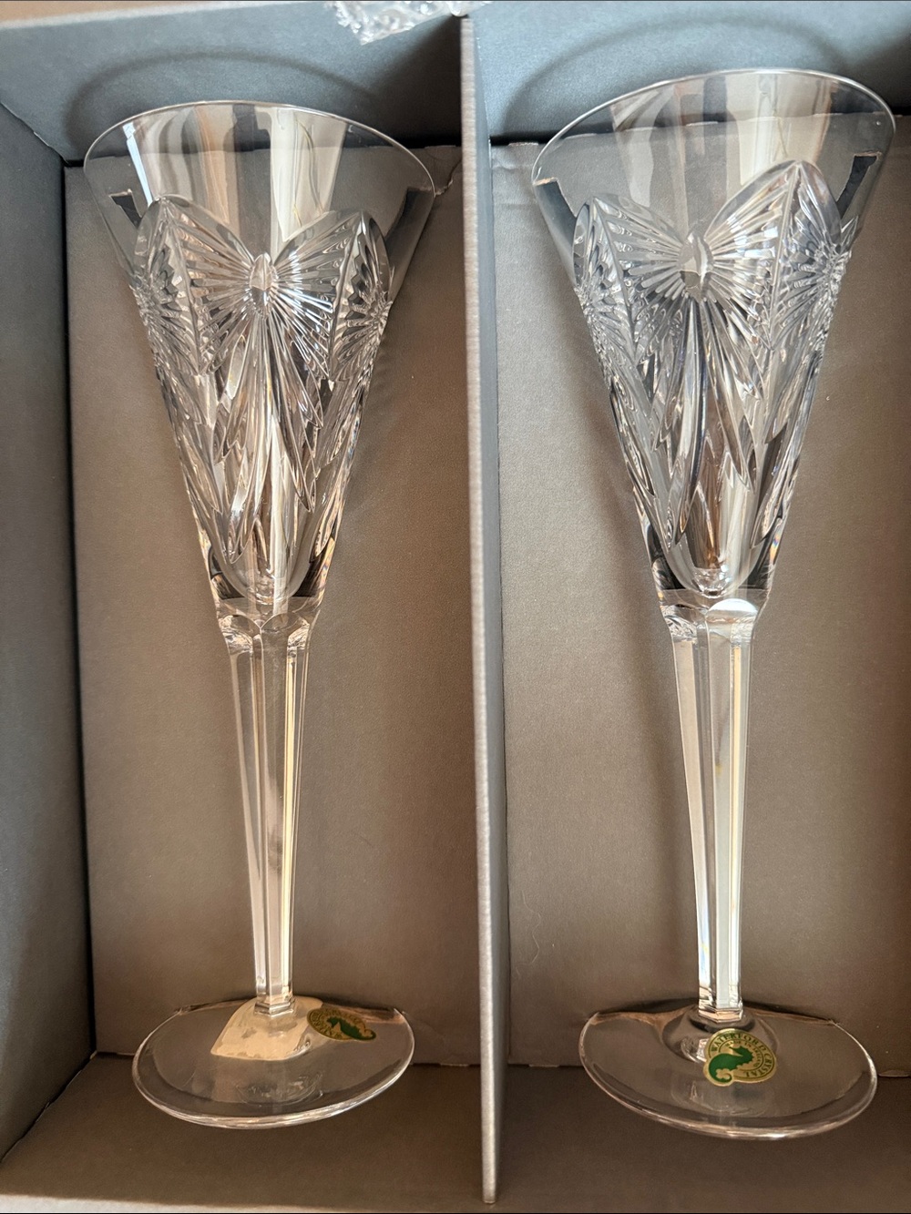 WATERFORD CRYSTAL: MILLENNIUM “HAPPINESS” FLUTED CHAMPAGNE GLASSES 9.25” IN BOX